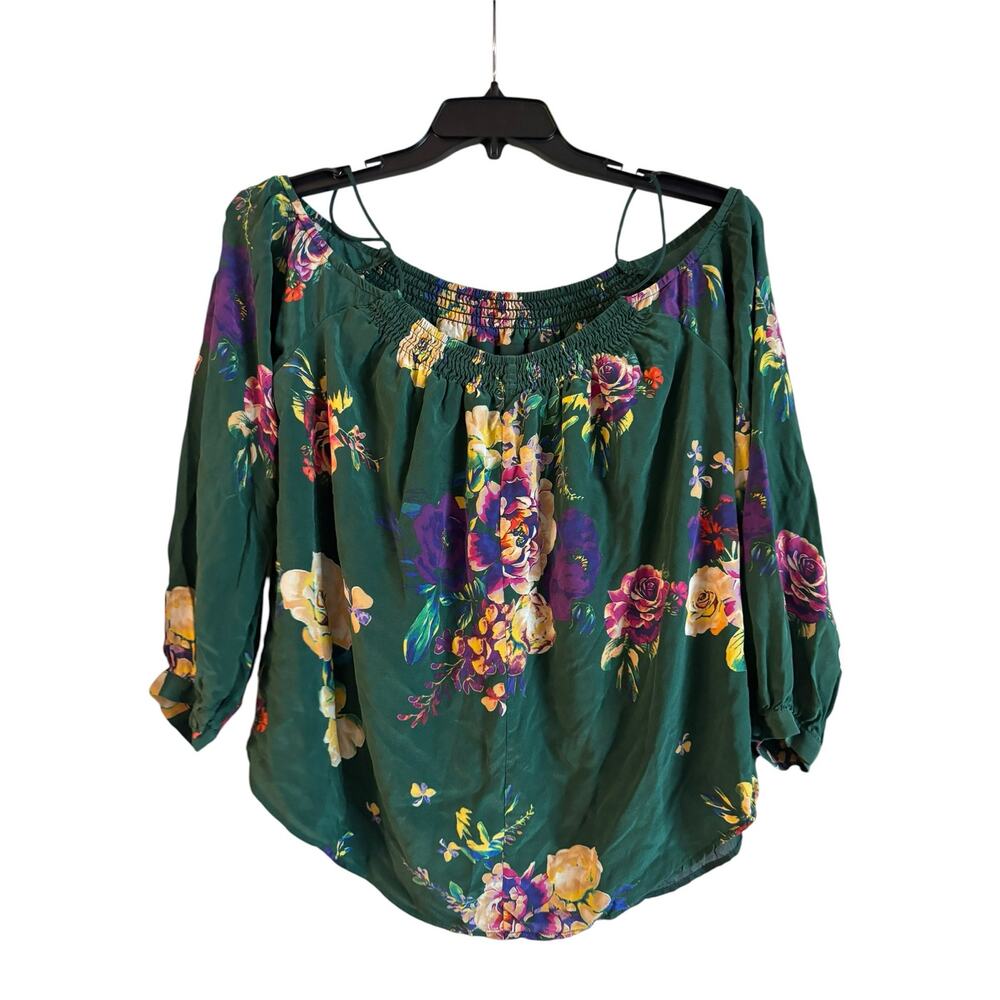 Maeve Tallie Open Shoulder Silk Blouse Size M Medium Green Floral Anthropologie